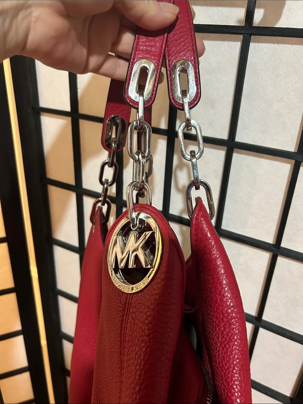 Michael Kors Pink-Red Pebbled Leather Shoulder Bag with Silver Hardware